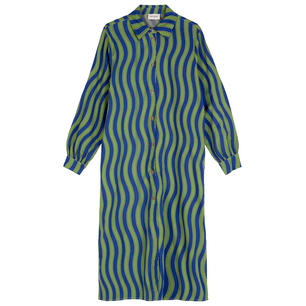 Bobo Choses Woman Shirt Dress Waves Print Green And Blue