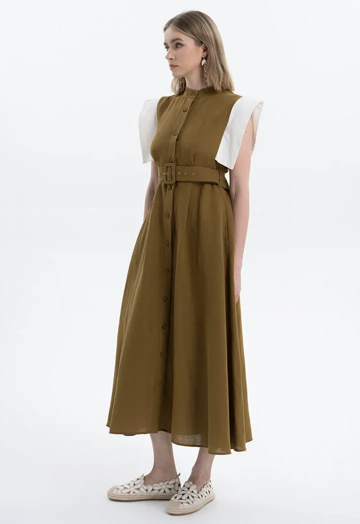 Contrast Flap Maxi Linen Dress