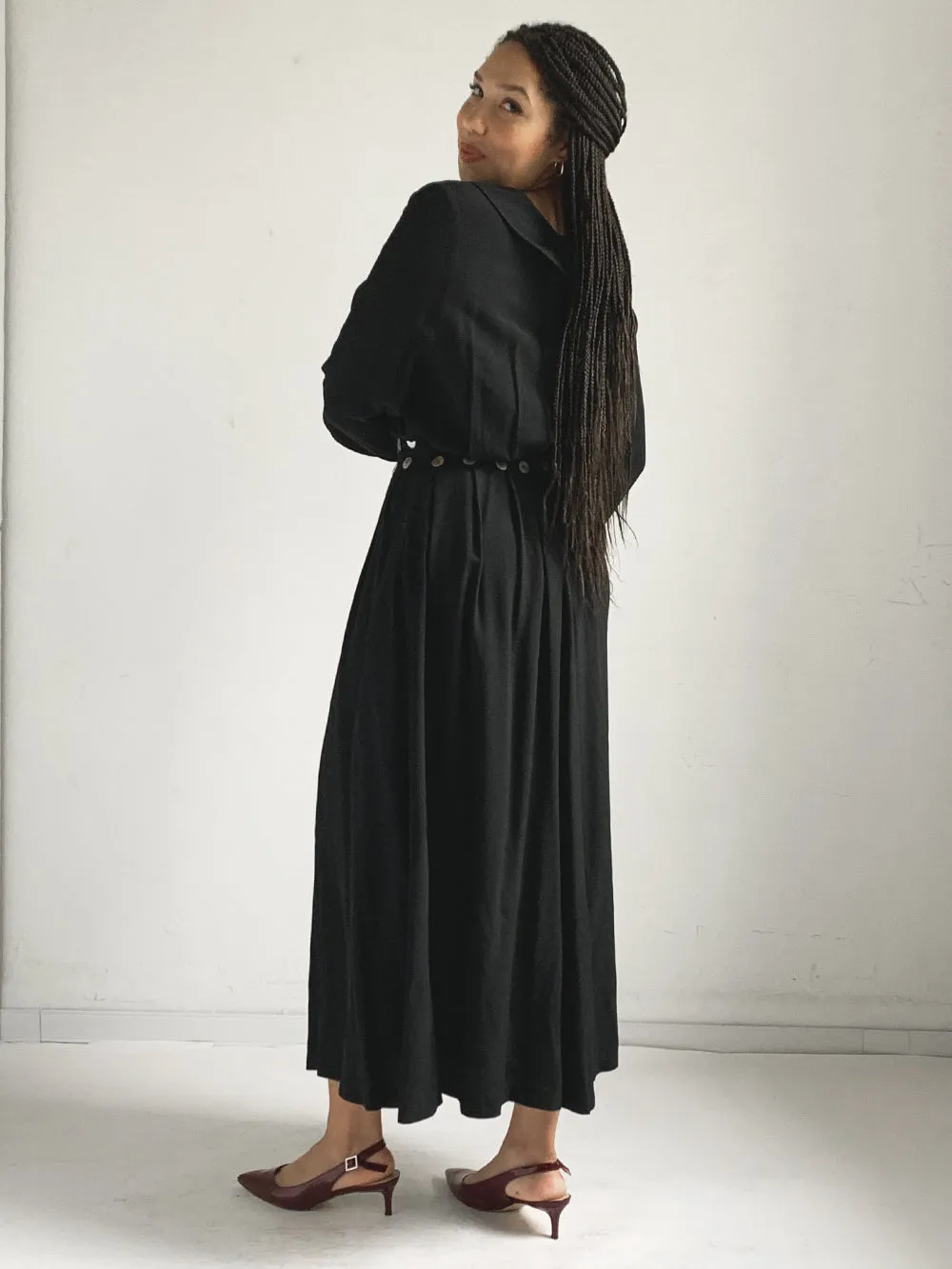 Davi Davich Black Crepe Rayon Maxi Dress With Button Belt