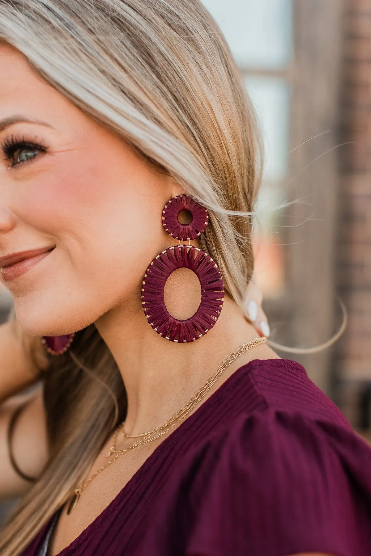 In Fashion Raffia Dangle Earrings- Burgundy