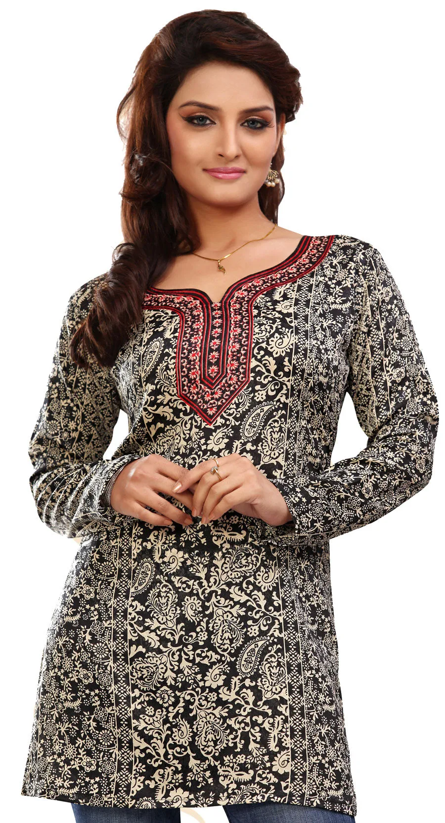 India Tunic Top Short Kurti Women's Printed Indian Clothing (Black)