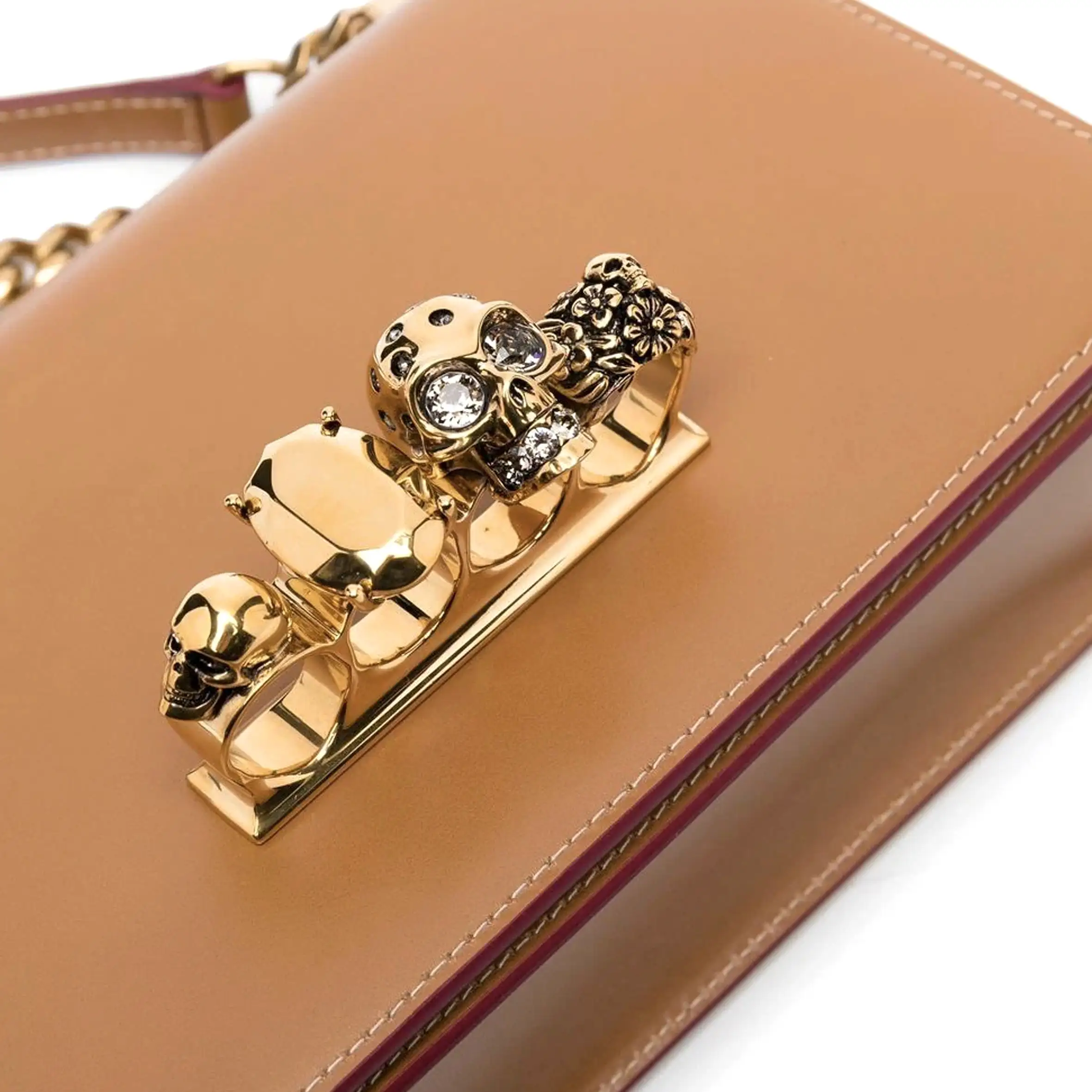 Jewelled Knuckle Satchel Smooth, Tan/Gold