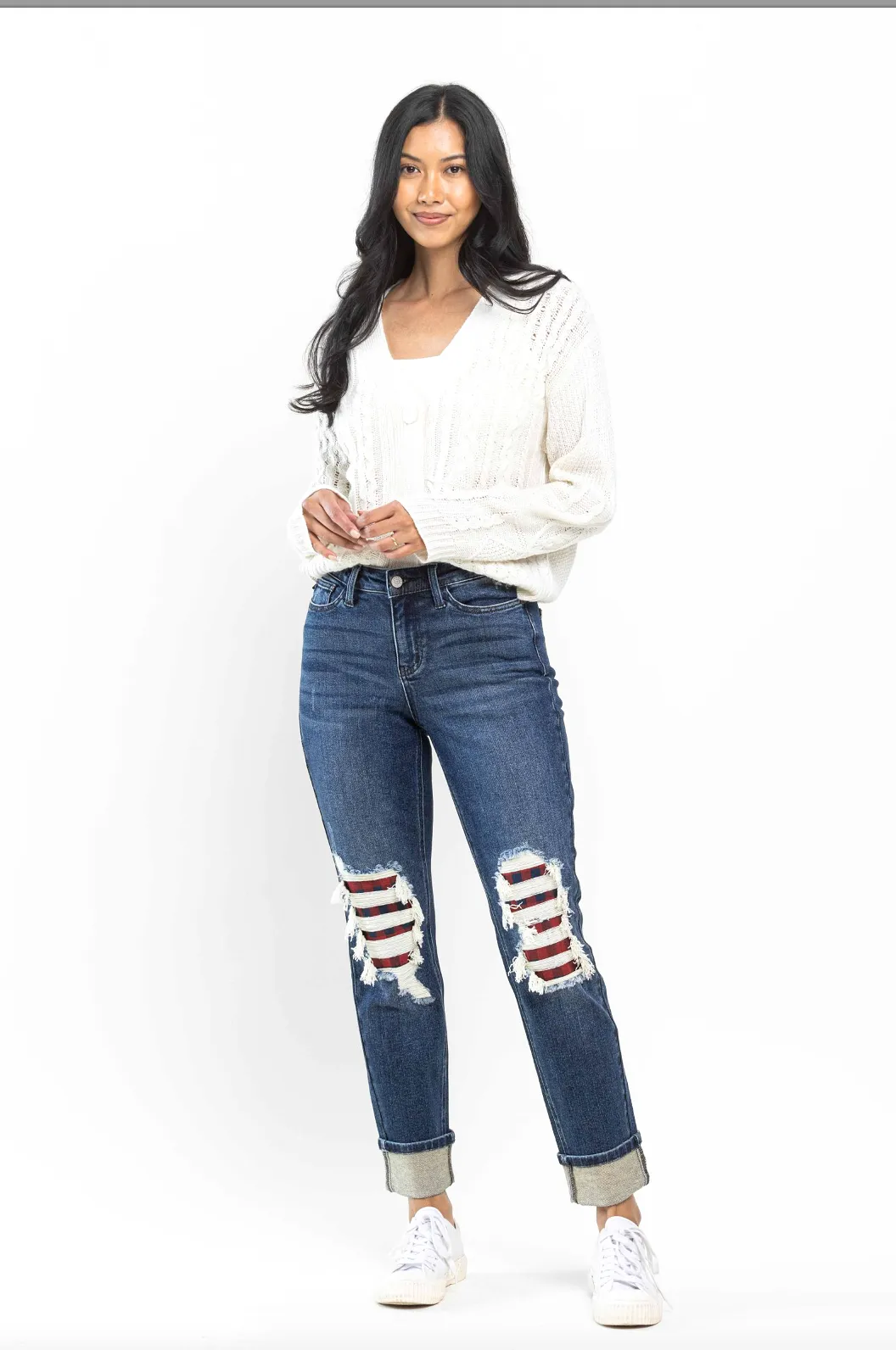 Judy Blue Buffalo Plaid Destroyed Knee Boyfriend Jeans