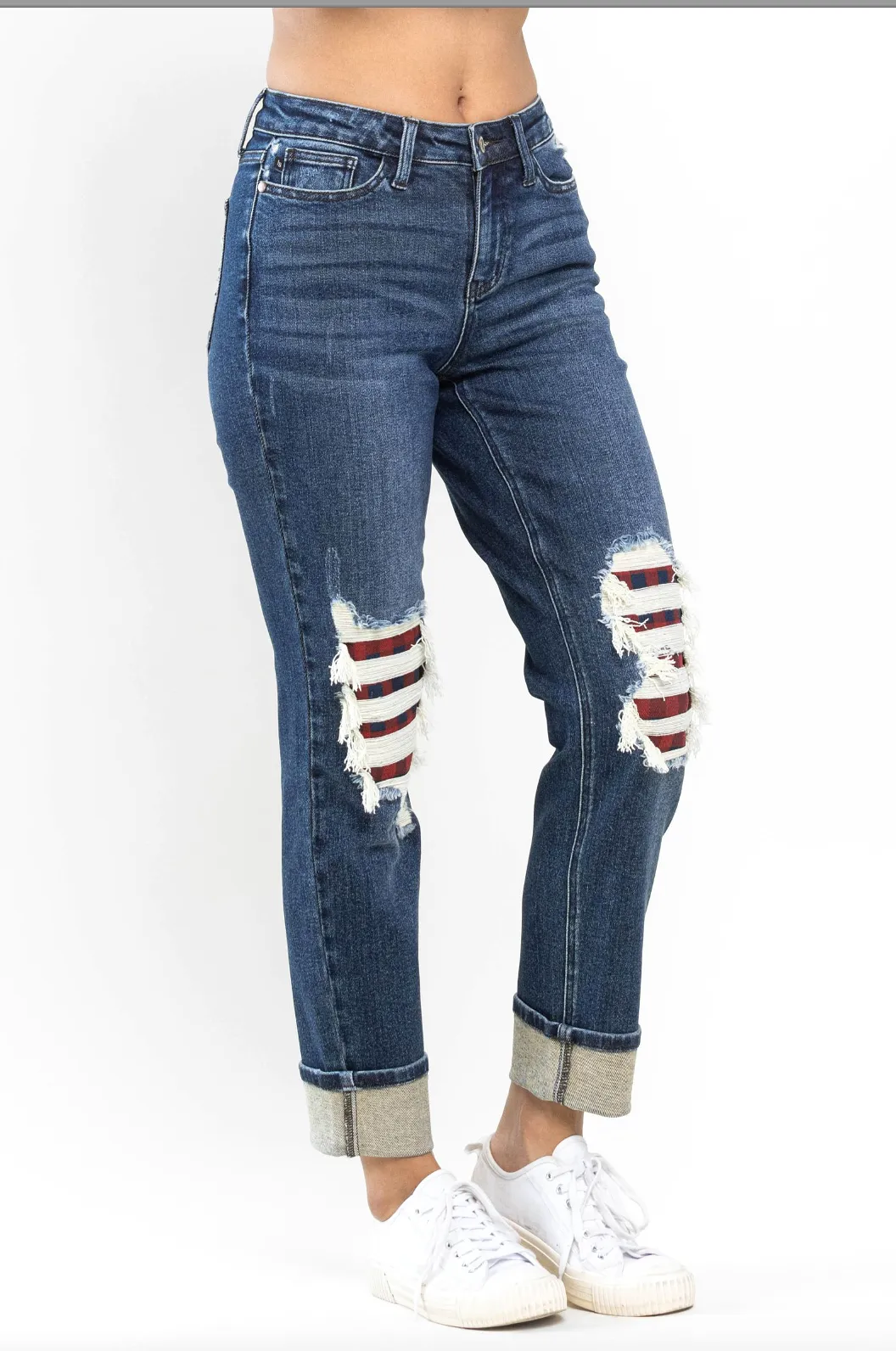 Judy Blue Buffalo Plaid Destroyed Knee Boyfriend Jeans