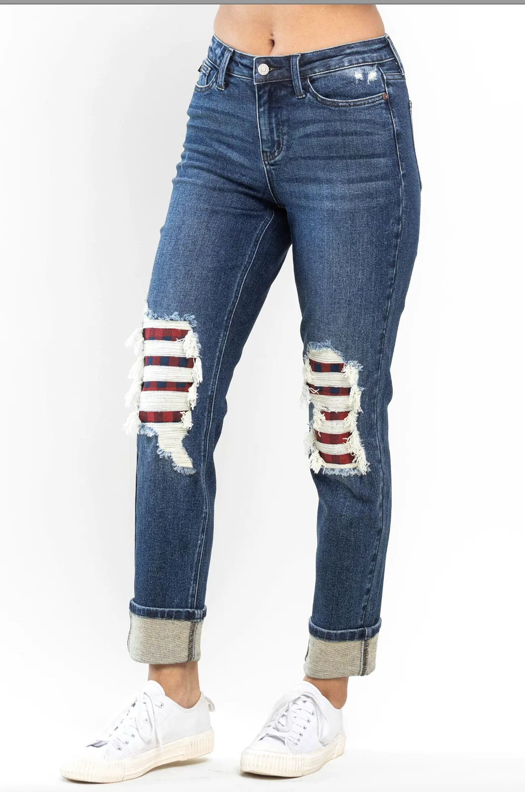 Judy Blue Buffalo Plaid Destroyed Knee Boyfriend Jeans