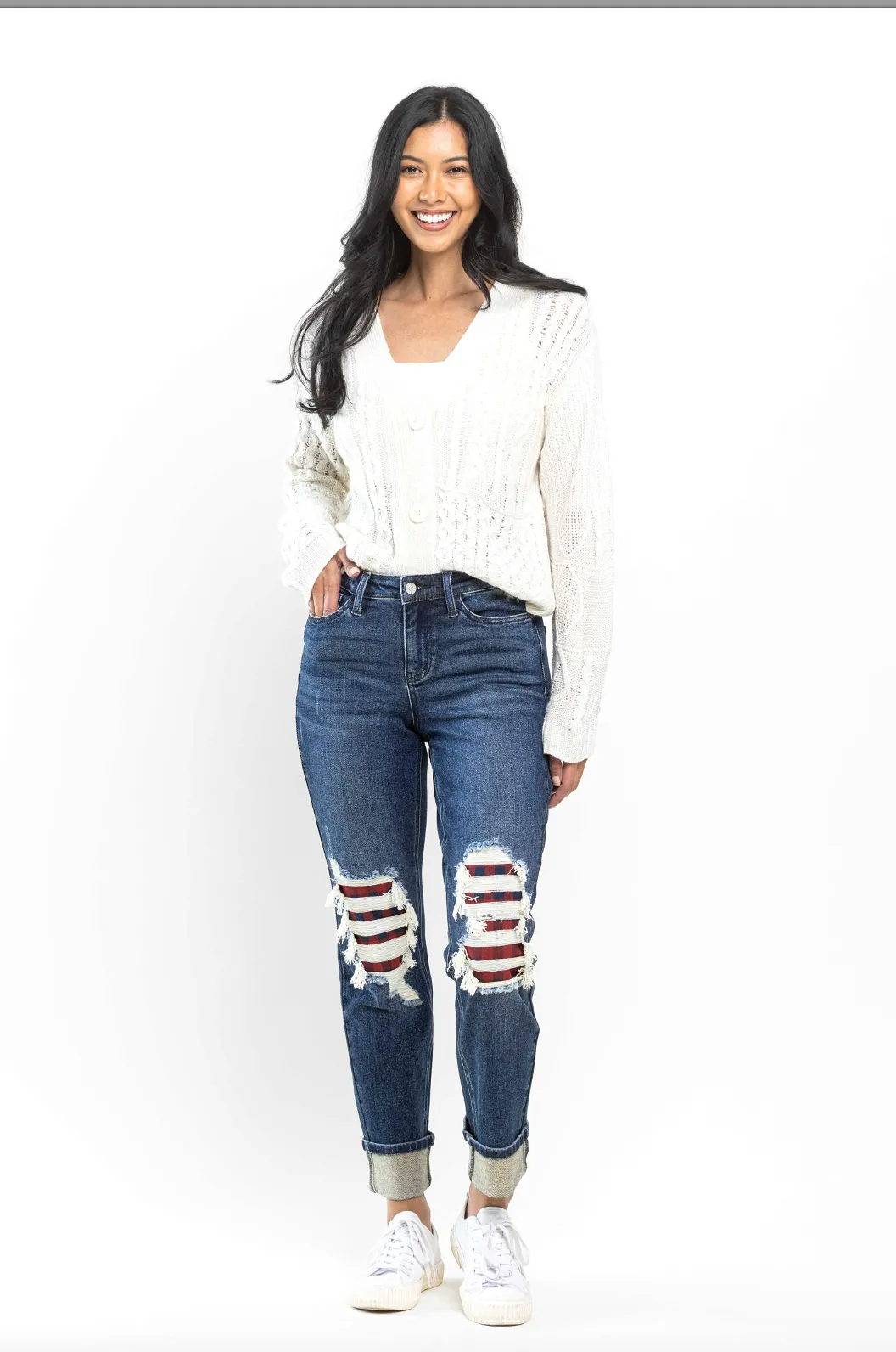 Judy Blue Buffalo Plaid Destroyed Knee Boyfriend Jeans