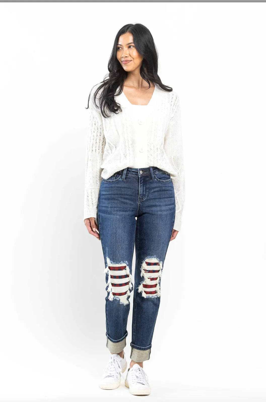 Judy Blue Buffalo Plaid Destroyed Knee Boyfriend Jeans