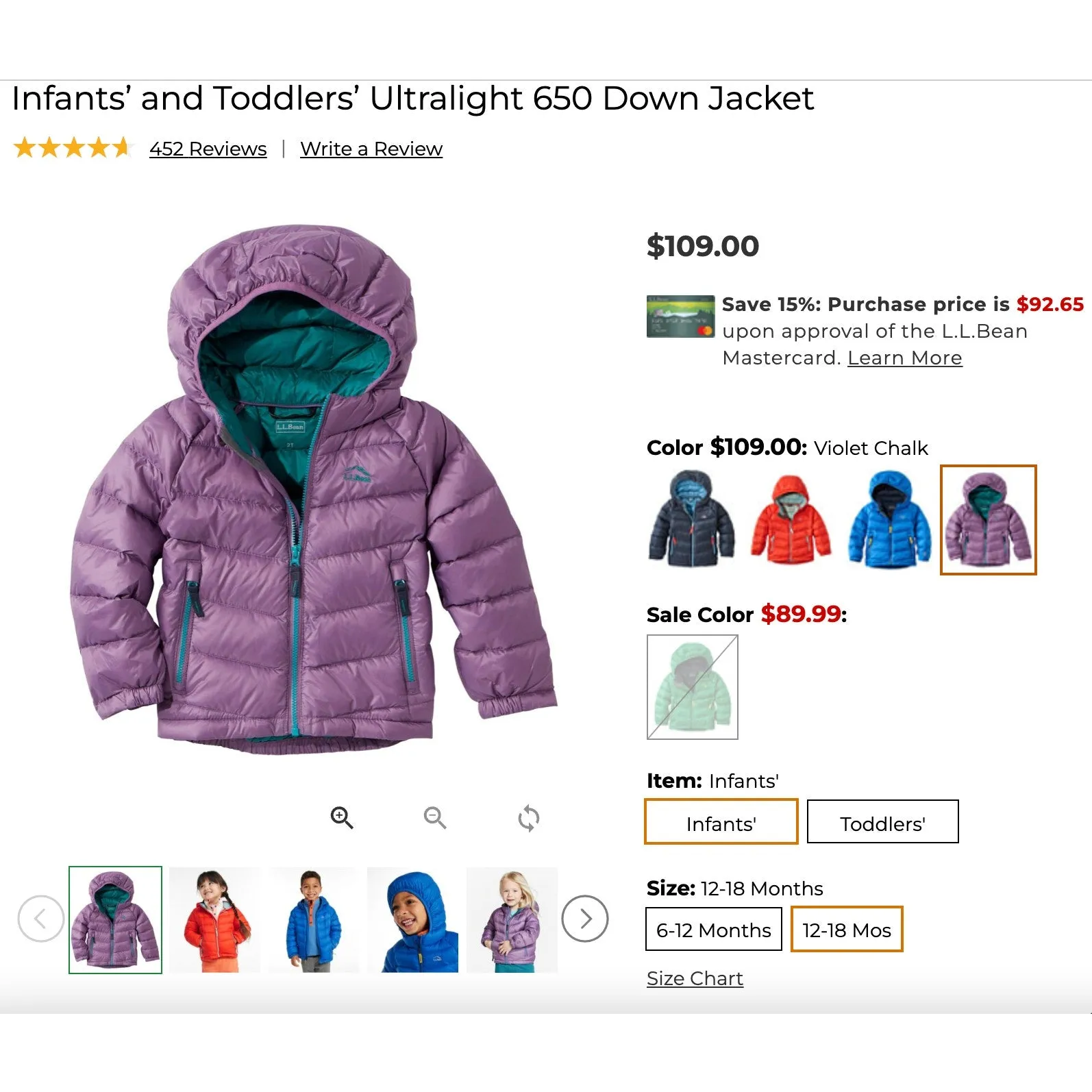 L.L. Bean Toddler Ultralight 650 Down Jacket Violet Chalk 12-18 Months