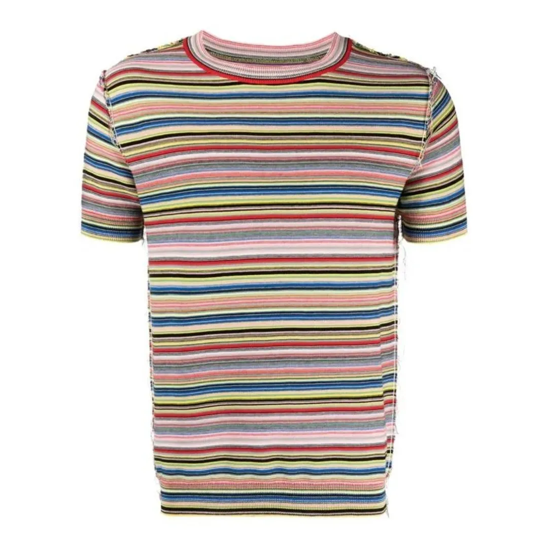 Maison Margiela  |Crew Neck Stripes Cotton Short Sleeves Designers