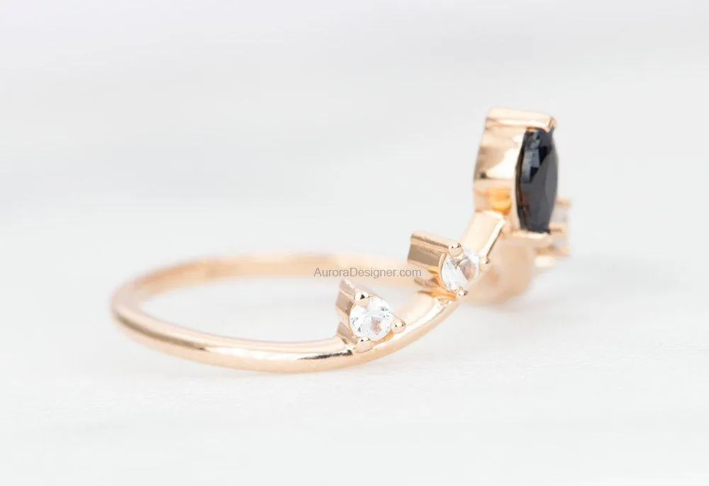 Marquise Black White Sapphire Ring 14K Gold Curved Crown Wedding Band Unique Stacking Ring AD1574