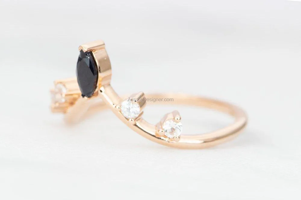 Marquise Black White Sapphire Ring 14K Gold Curved Crown Wedding Band Unique Stacking Ring AD1574