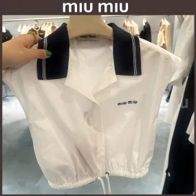 MiuMiu  |Casual Style Plain Cotton Short Sleeves Party Style