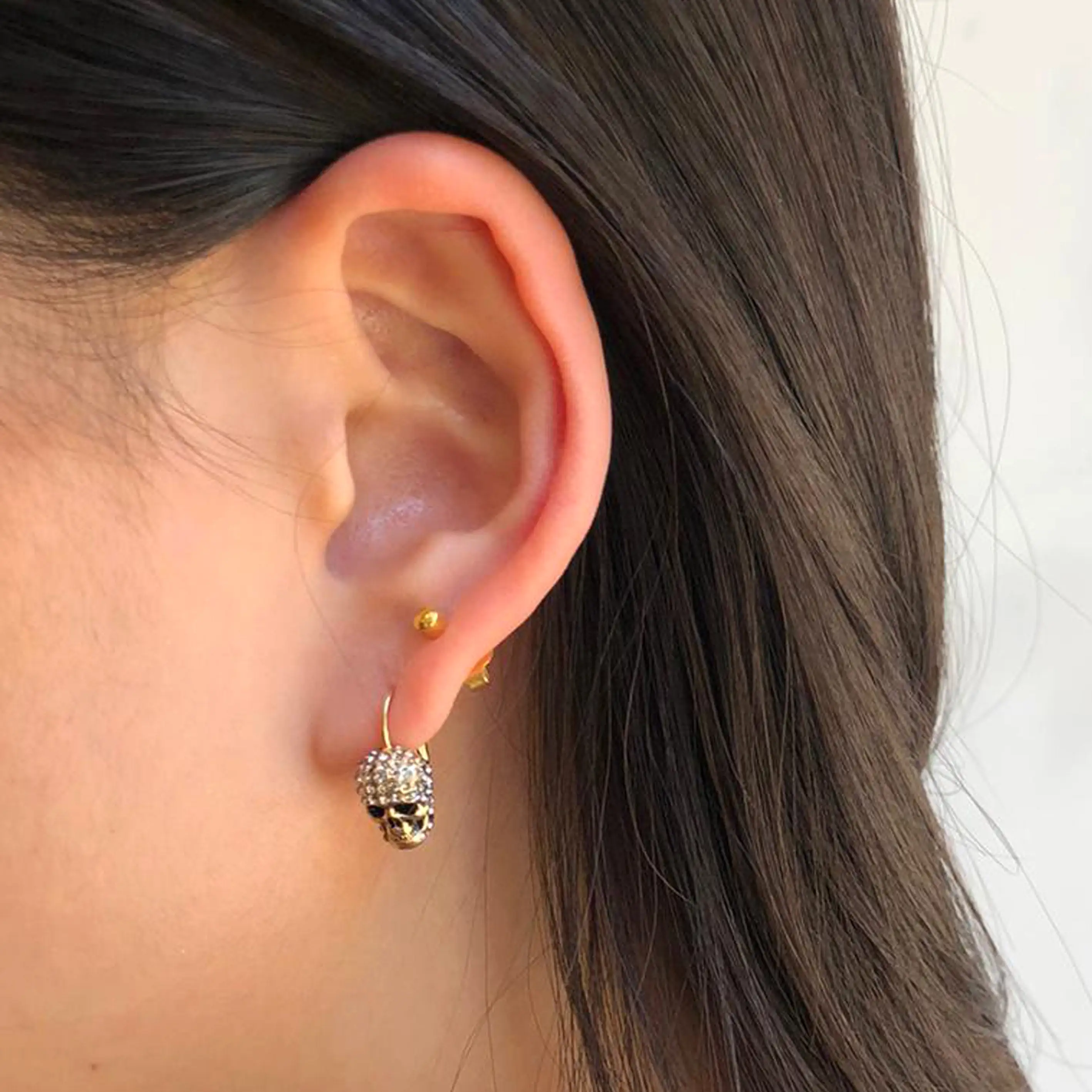 Pave Mini Skull Hoops, Gold