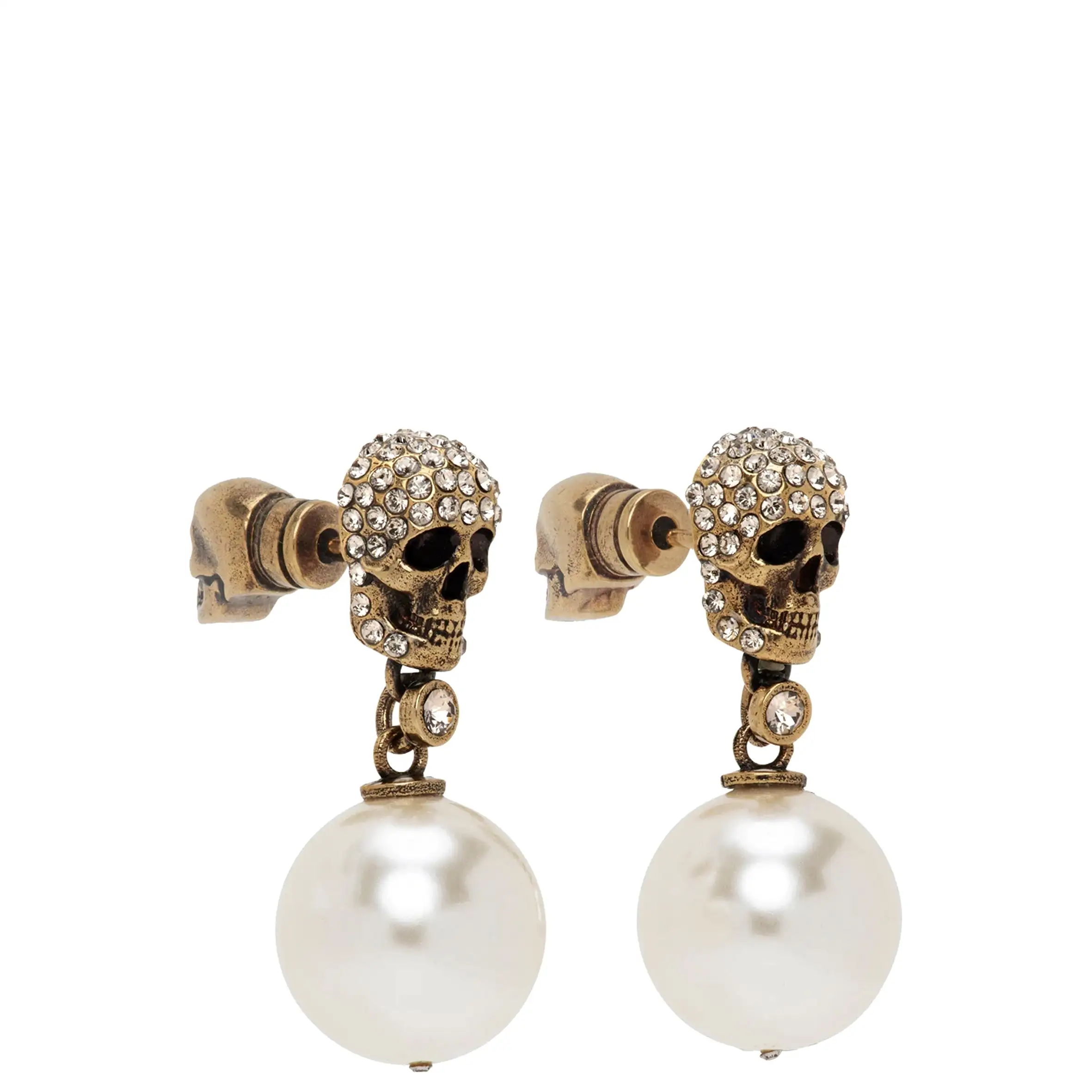 Pearl Pave Skull Earrings, Gold