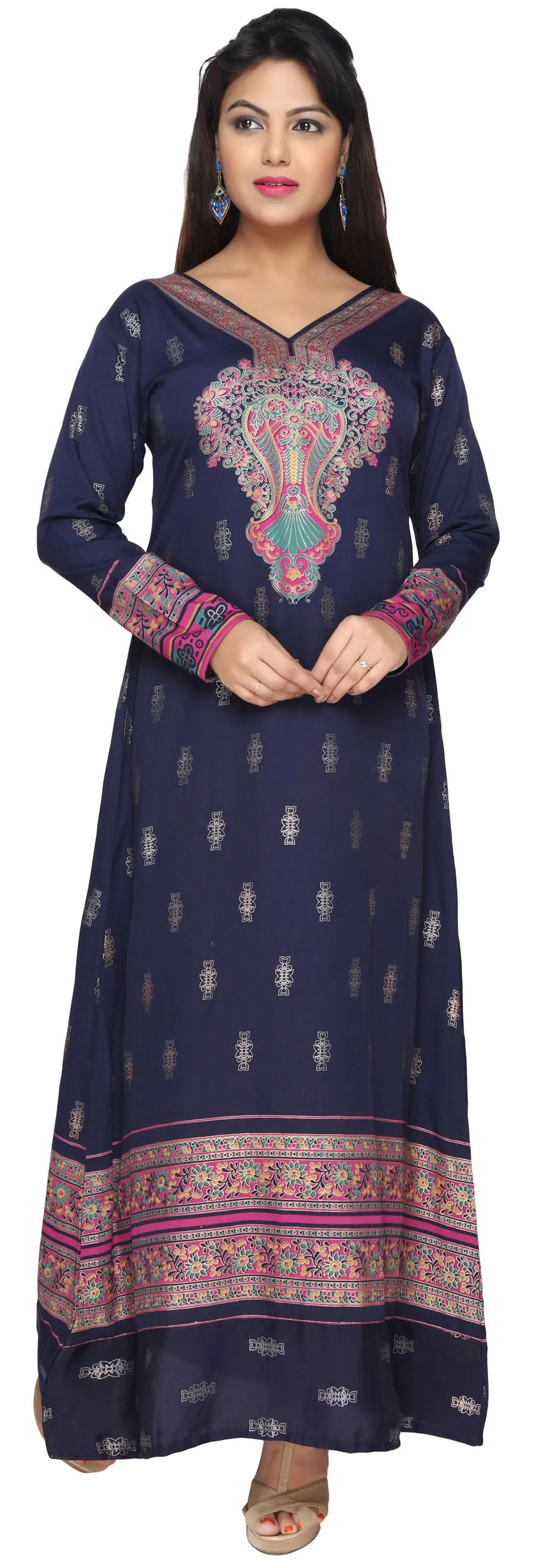 Printed Women's Caftan Long Sleeve Evening Dress Abayas (Blue)