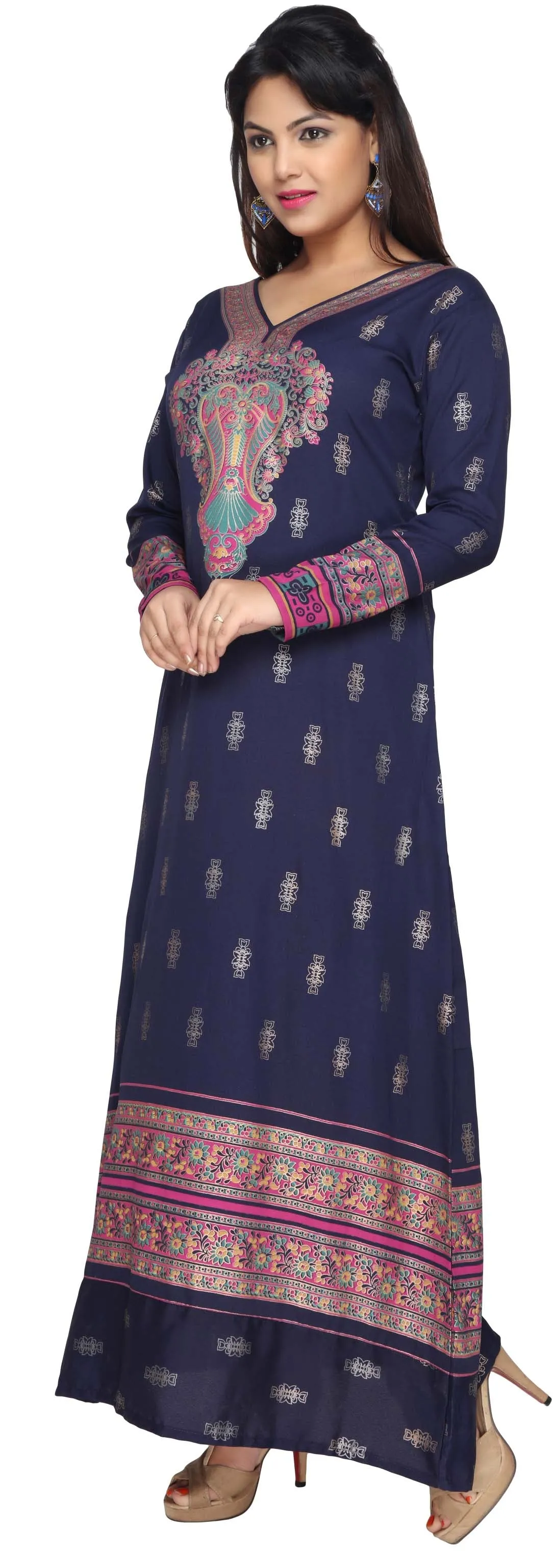 Printed Women's Caftan Long Sleeve Evening Dress Abayas (Blue)