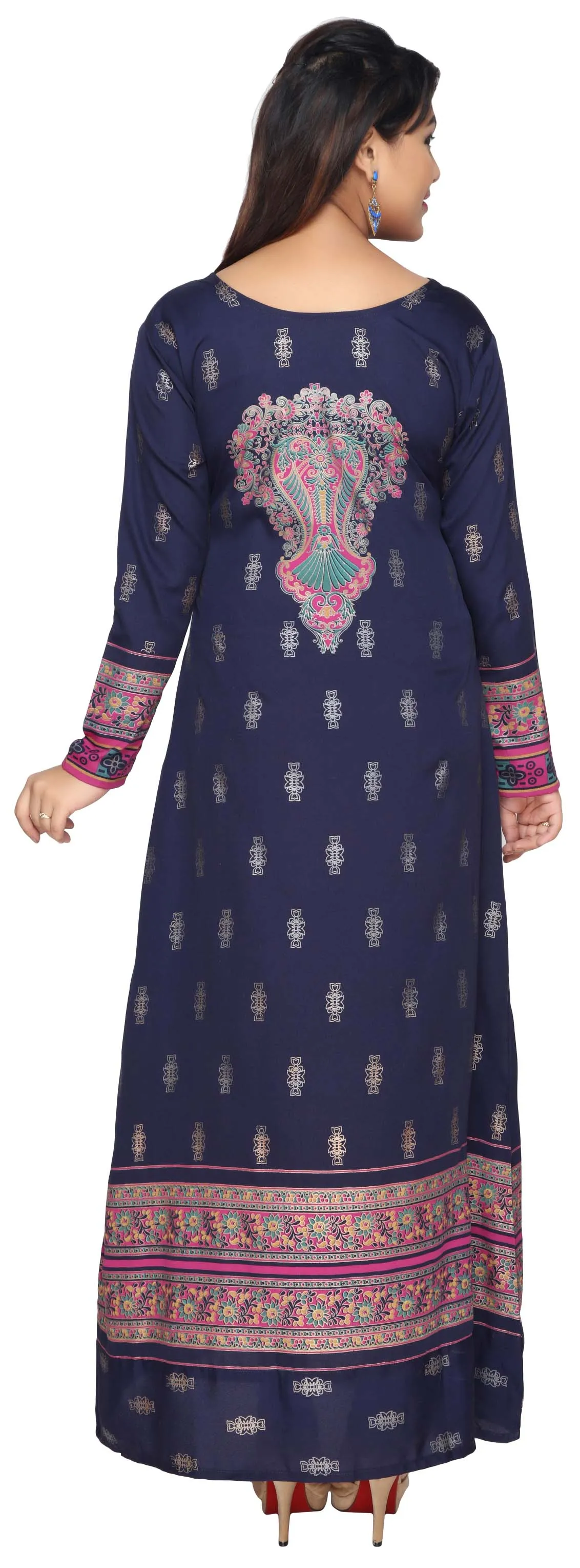 Printed Women's Caftan Long Sleeve Evening Dress Abayas (Blue)