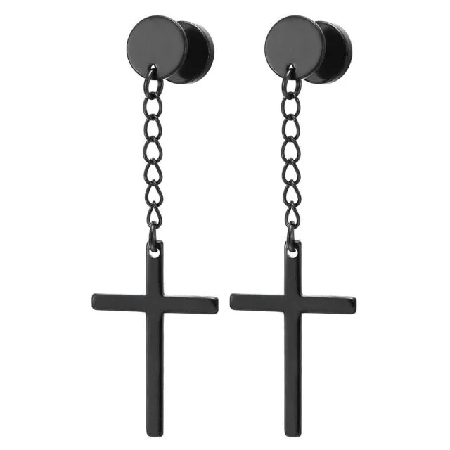 Punk Black Cross Stainless Steel Hoop Earrings