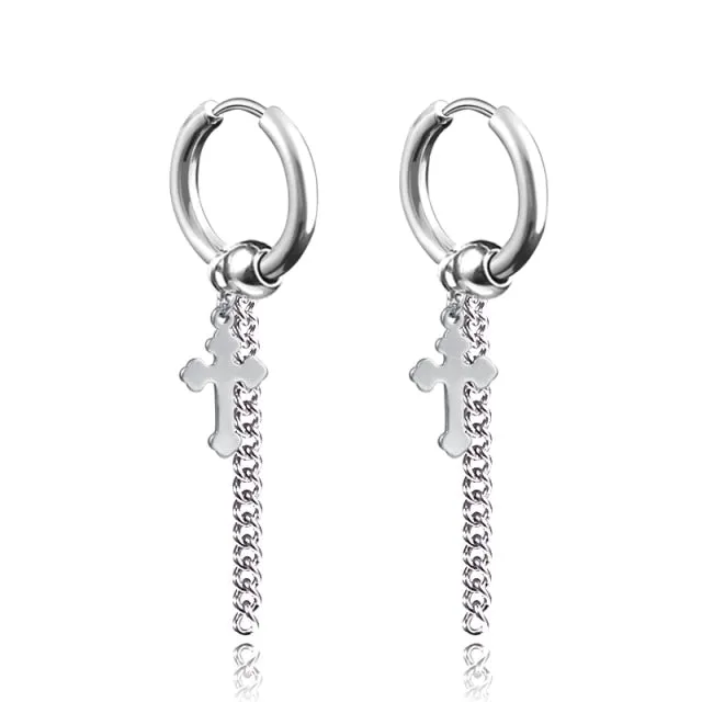 Punk Black Cross Stainless Steel Hoop Earrings