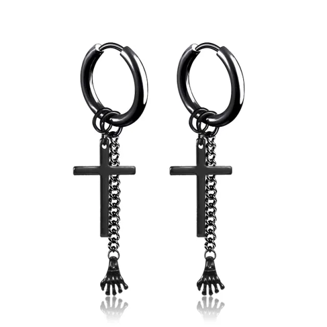 Punk Black Cross Stainless Steel Hoop Earrings