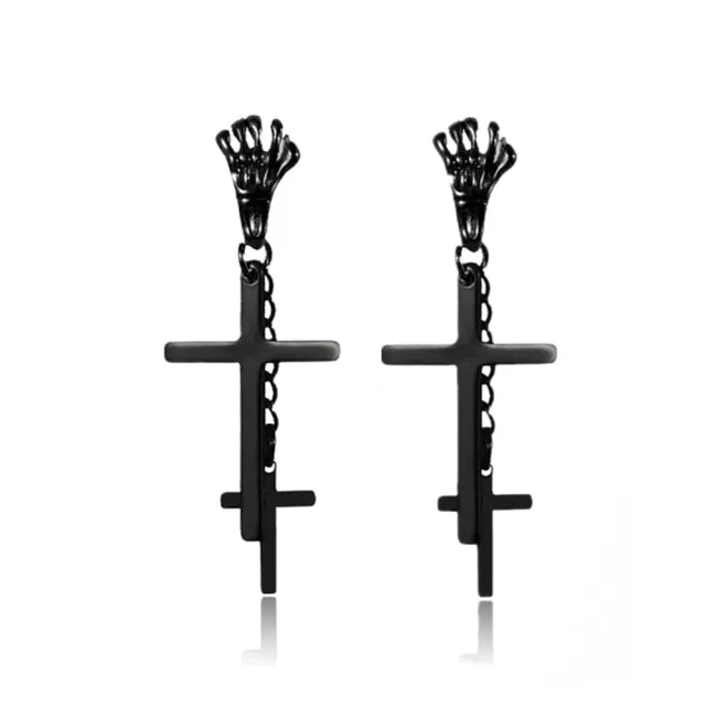 Punk Black Cross Stainless Steel Hoop Earrings