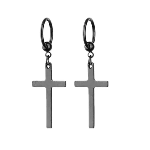 Punk Black Cross Stainless Steel Hoop Earrings