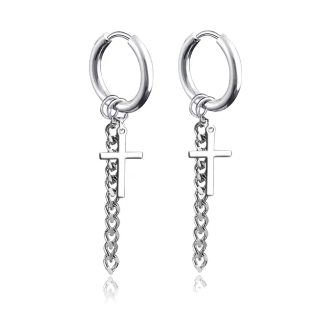 Punk Black Cross Stainless Steel Hoop Earrings