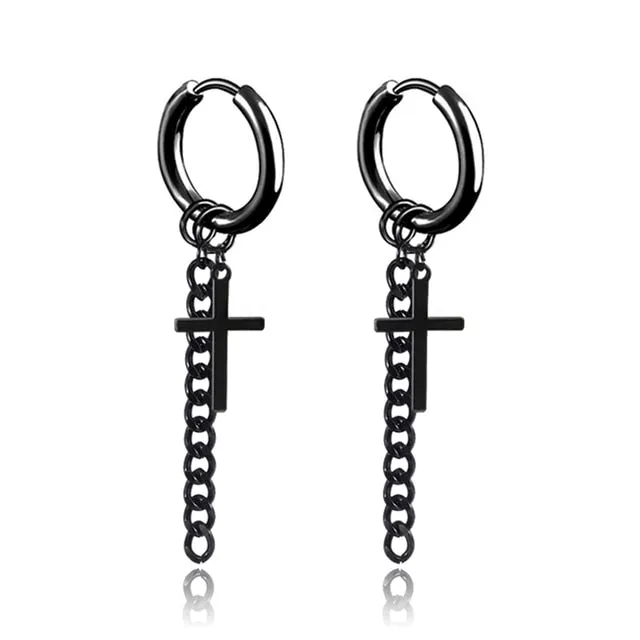 Punk Black Cross Stainless Steel Hoop Earrings