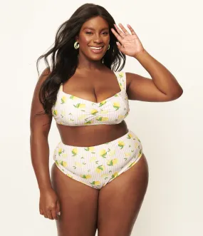 Unique Vintage Plus Size Light Pink Stripe & Lemons Daphne Swim Bottoms