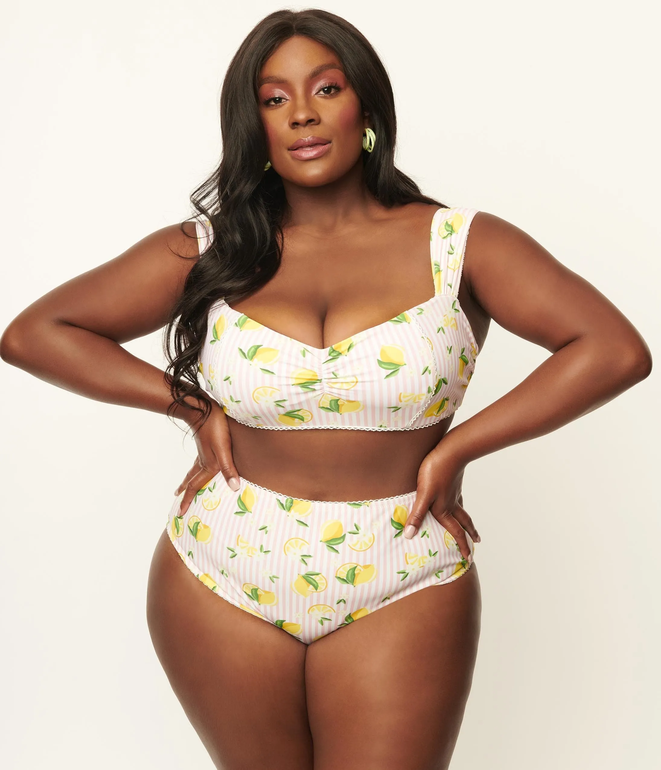 Unique Vintage Plus Size Light Pink Stripe & Lemons Daphne Swim Bottoms