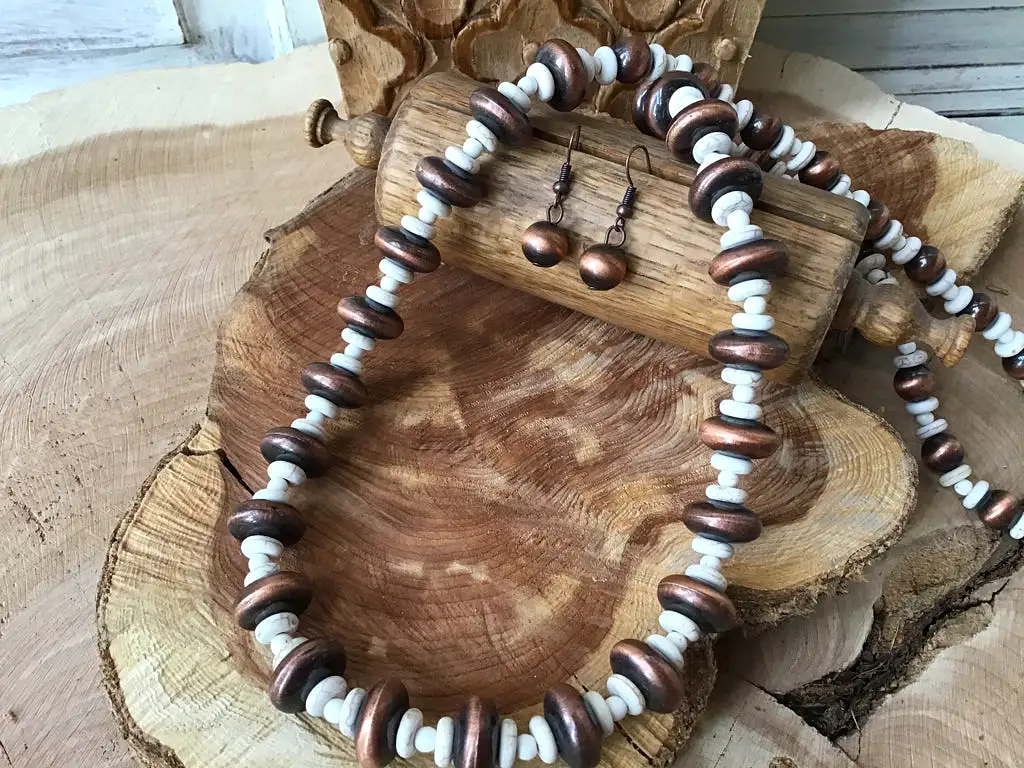 White Buffalo & Copper Navajo Style Pearl Necklace