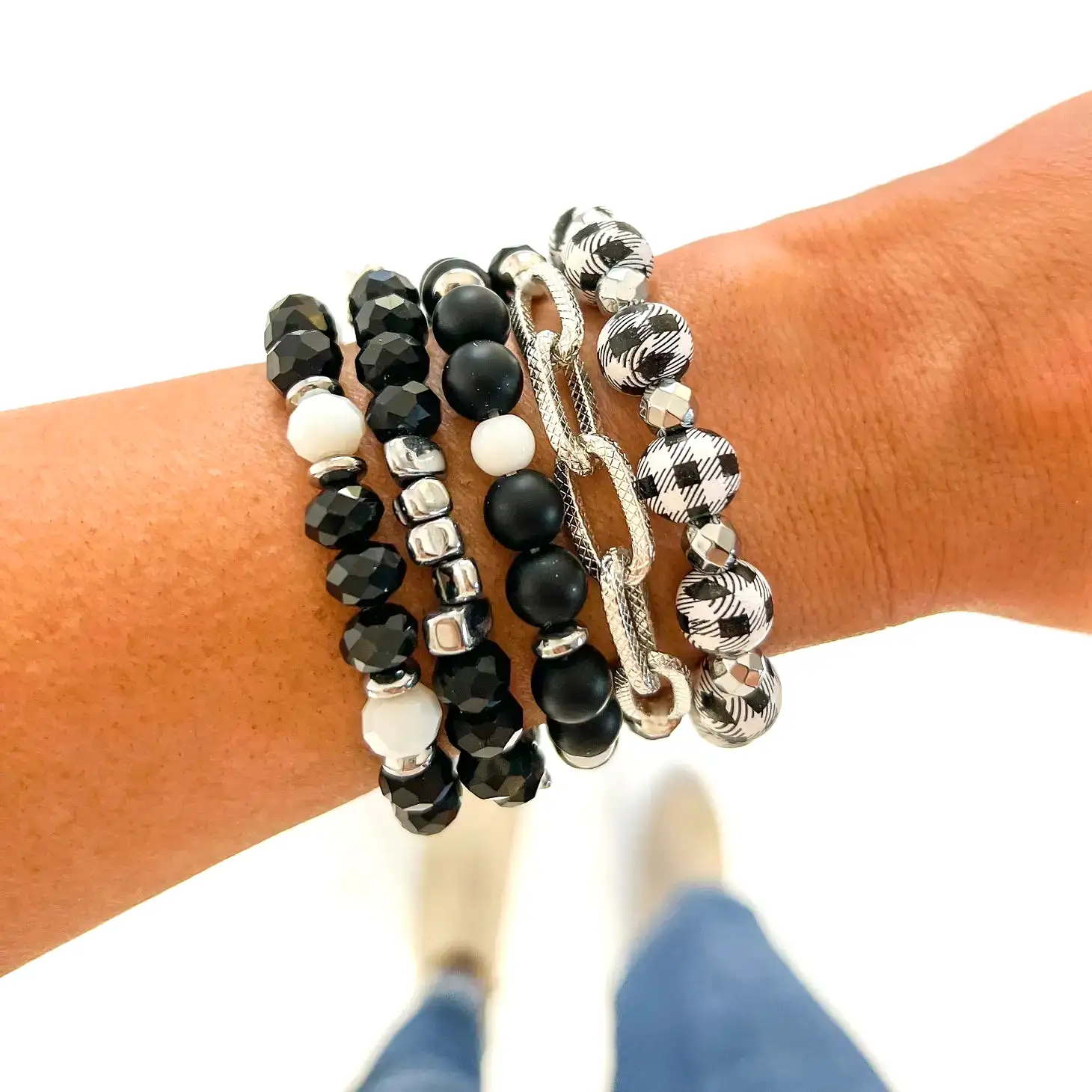 White w/ Chain Buffalo Plaid Bracelet Stack - Silver