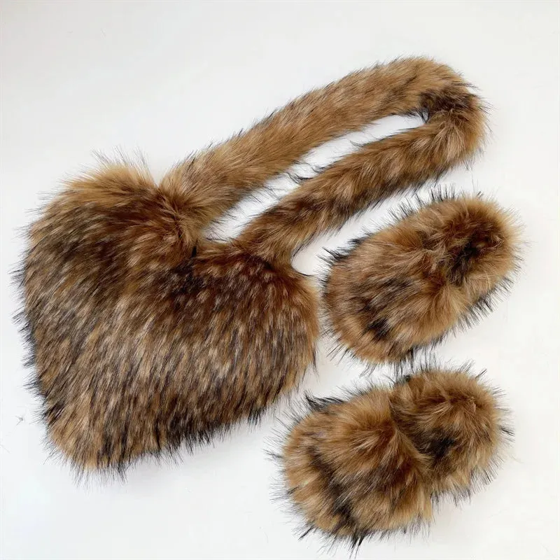 Women Fashion Furry Set Furry Slipper And Purse -Women Heart Bag Keep Warm Shoes