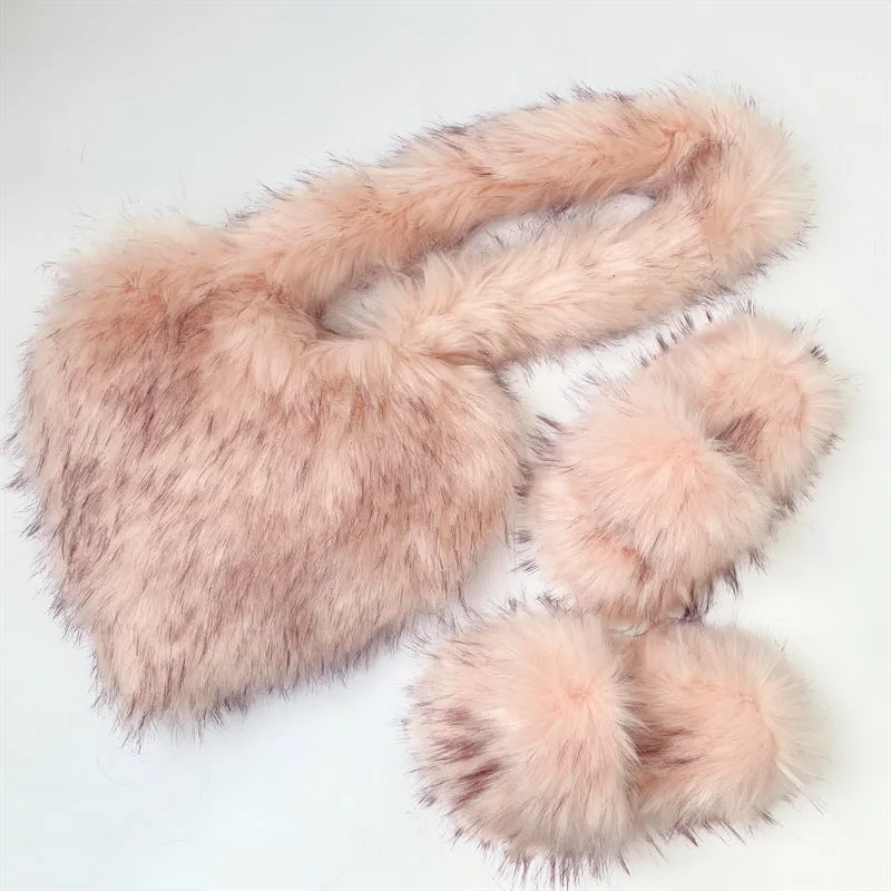 Women Fashion Furry Set Furry Slipper And Purse -Women Heart Bag Keep Warm Shoes