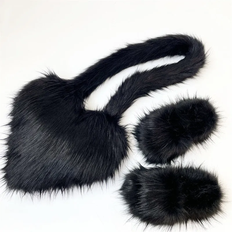 Women Fashion Furry Set Furry Slipper And Purse -Women Heart Bag Keep Warm Shoes