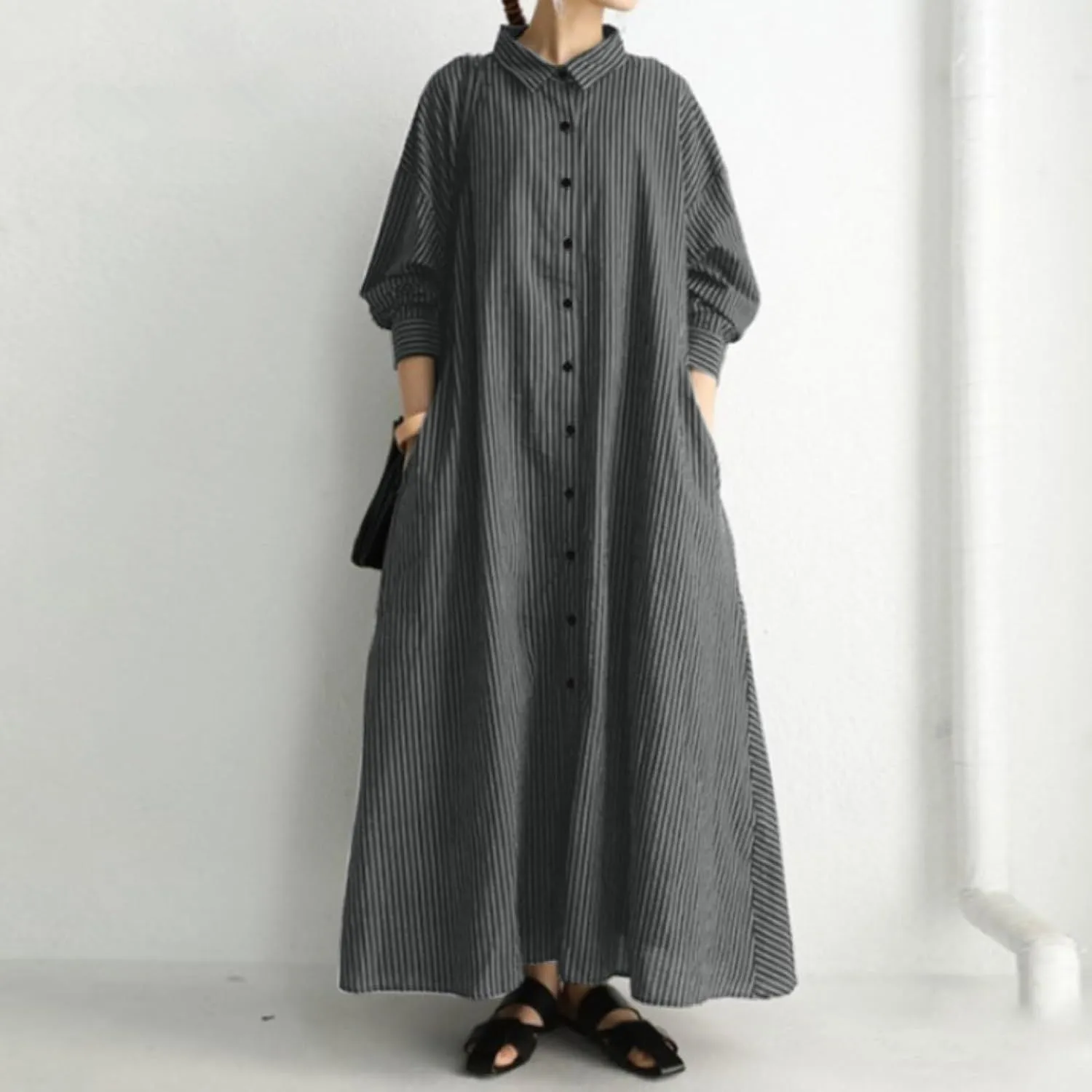 Women's Cotton Linen Long Shirt Dress Long Sleeve 2XL B-102411