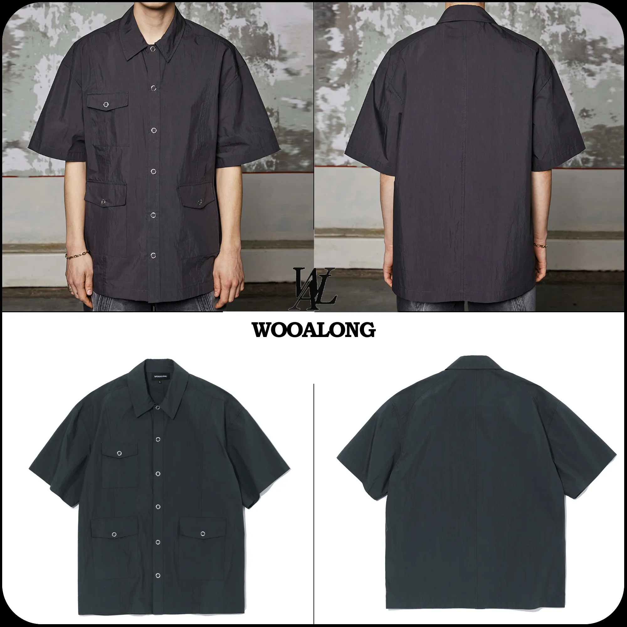 WOOALONG  |[WOOALONG]★ Three-pocket over fit cotton blend half shirt