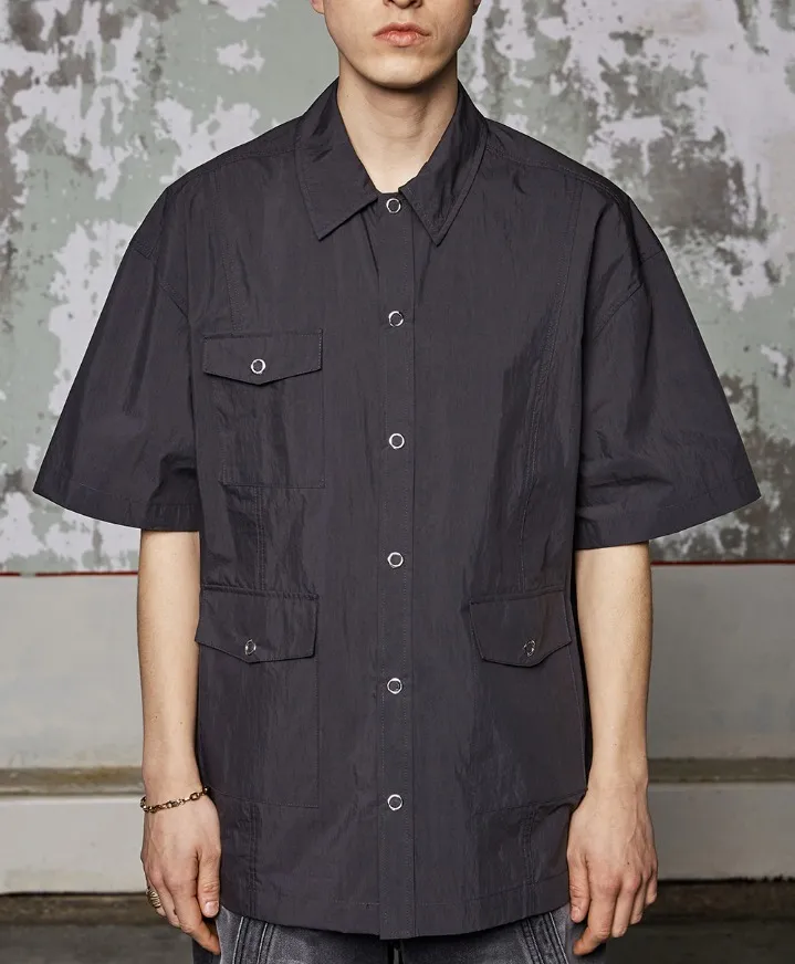 WOOALONG  |[WOOALONG]★ Three-pocket over fit cotton blend half shirt