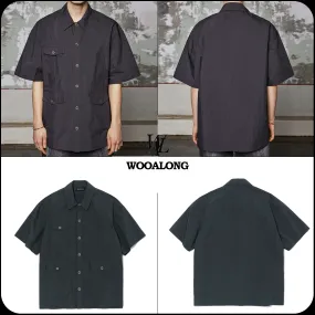 WOOALONG  |[WOOALONG]★ Three-pocket over fit cotton blend half shirt