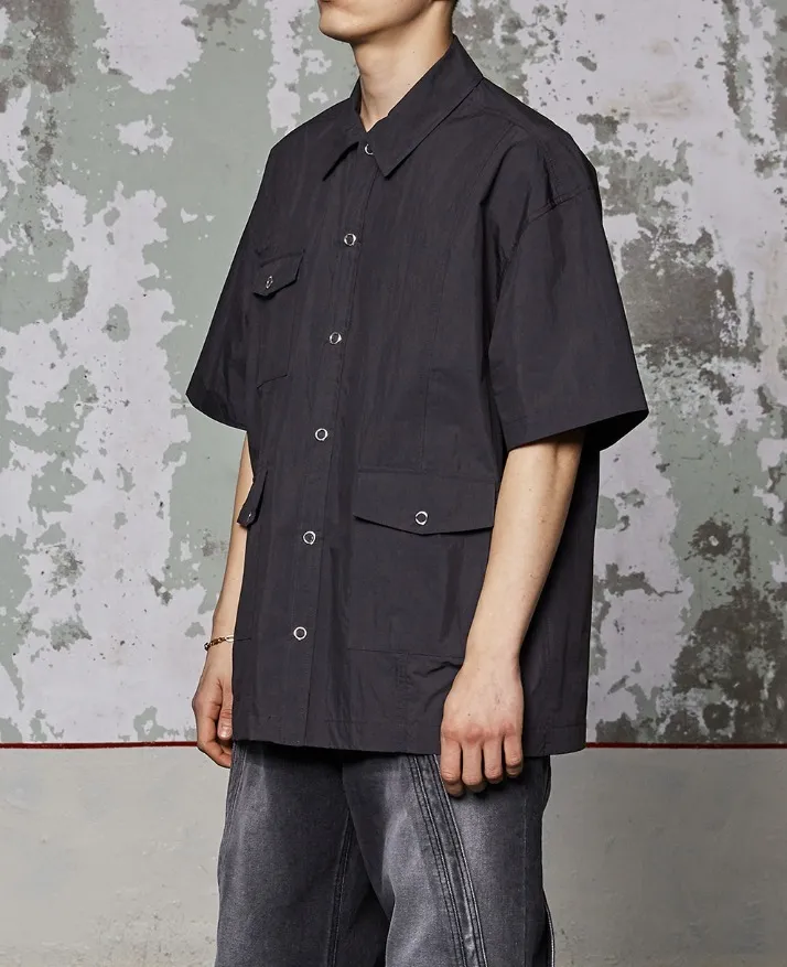 WOOALONG  |[WOOALONG]★ Three-pocket over fit cotton blend half shirt