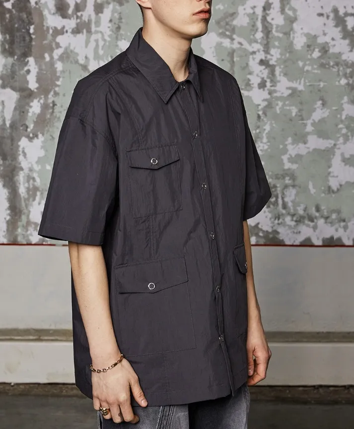 WOOALONG  |[WOOALONG]★ Three-pocket over fit cotton blend half shirt