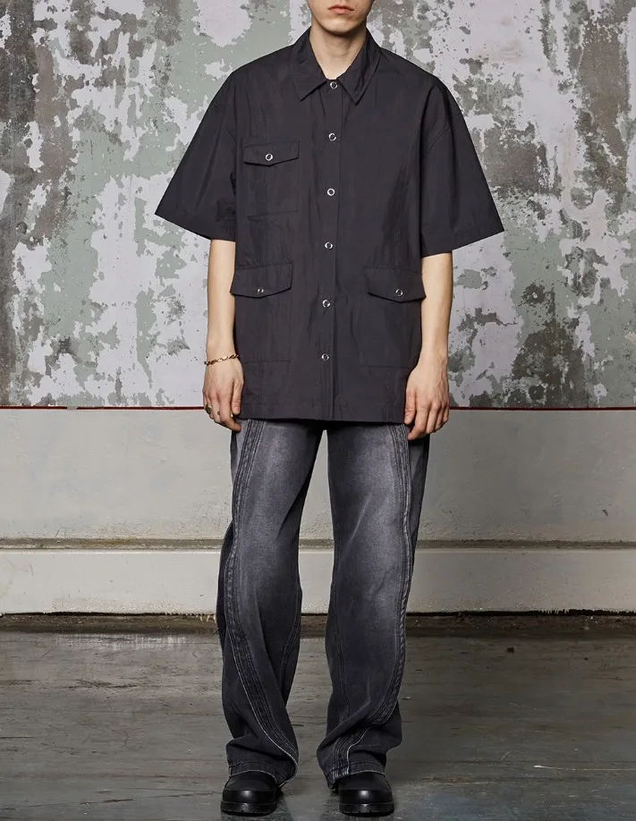 WOOALONG  |[WOOALONG]★ Three-pocket over fit cotton blend half shirt