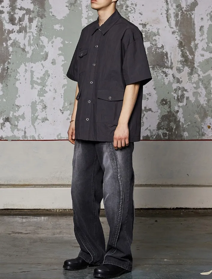 WOOALONG  |[WOOALONG]★ Three-pocket over fit cotton blend half shirt